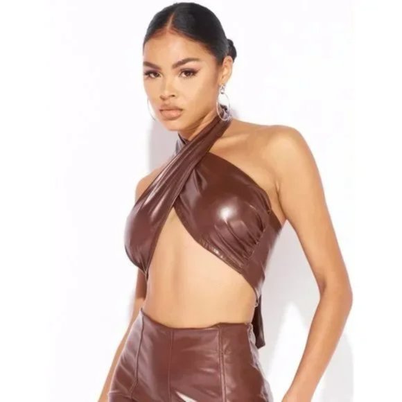 Brown Faux Leather Vegan Leather Sleeveless Halter Neck Open Back Crop Top - Picture 4 of 13